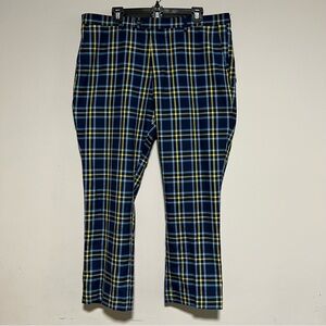 Paisley & Gray Men's Sz 38x32 Slim Fit Plaid Pants Blue Yellow Flat Front Chinos